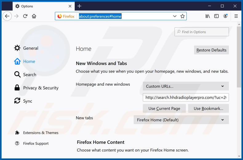 Removing search.hhdradioplayerpro.com from Mozilla Firefox homepage
