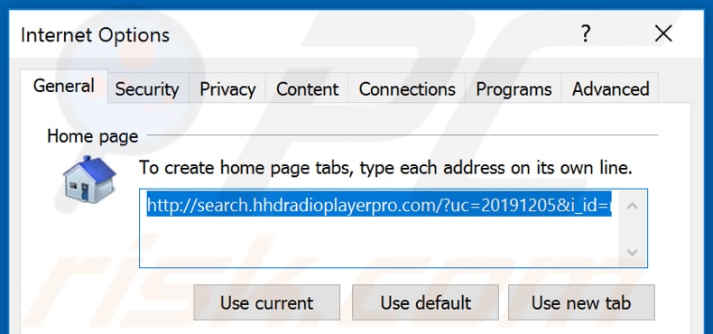 Removing search.hhdradioplayerpro.com from Internet Explorer homepage