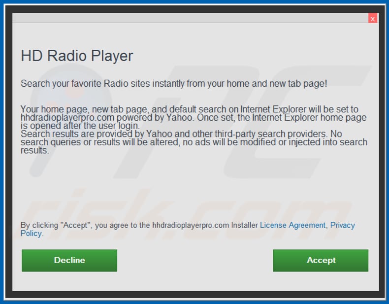 Official HD Radio Player browser hijacker installation setup