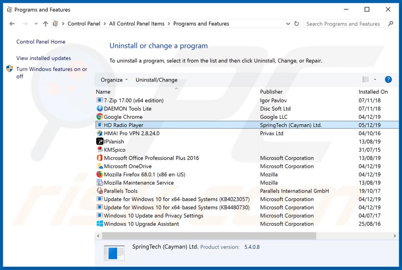 search.hhdradioplayerpro.com browser hijacker uninstall via Control Panel