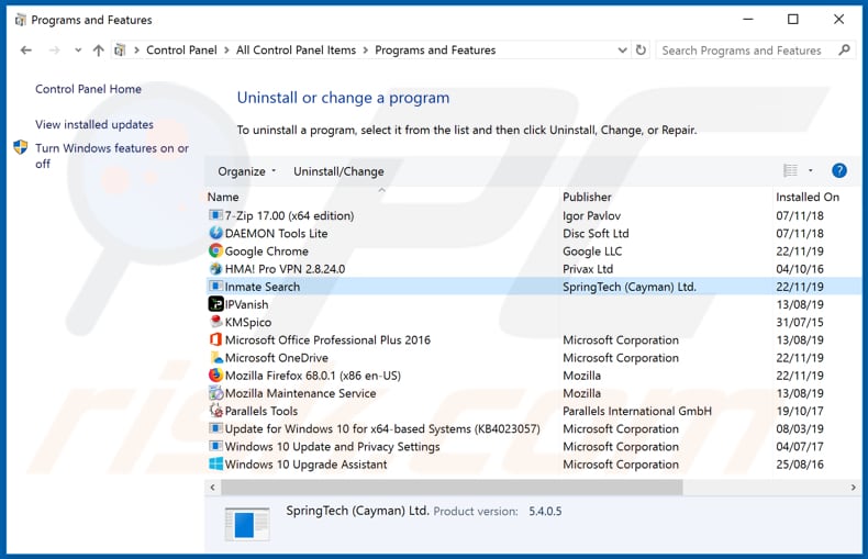 search.inmatesearchtab.com browser hijacker uninstall via Control Panel