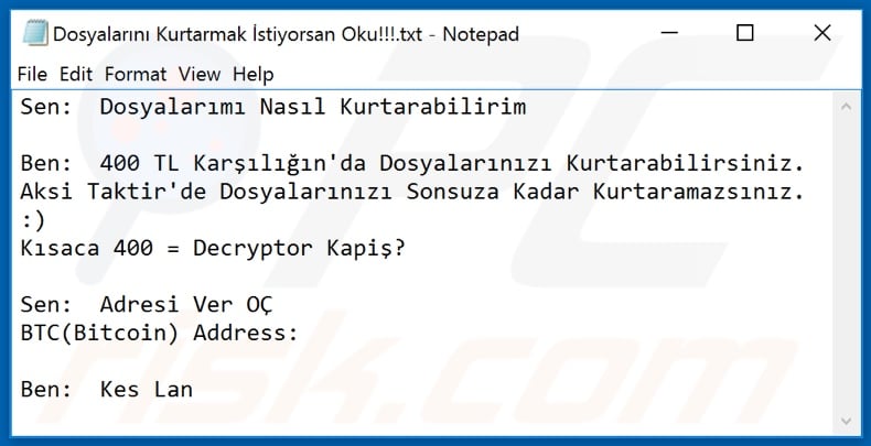 KesLan decrypt instructions (Dosyalarını Kurtarmak İstiyorsan Oku!!!.txt)