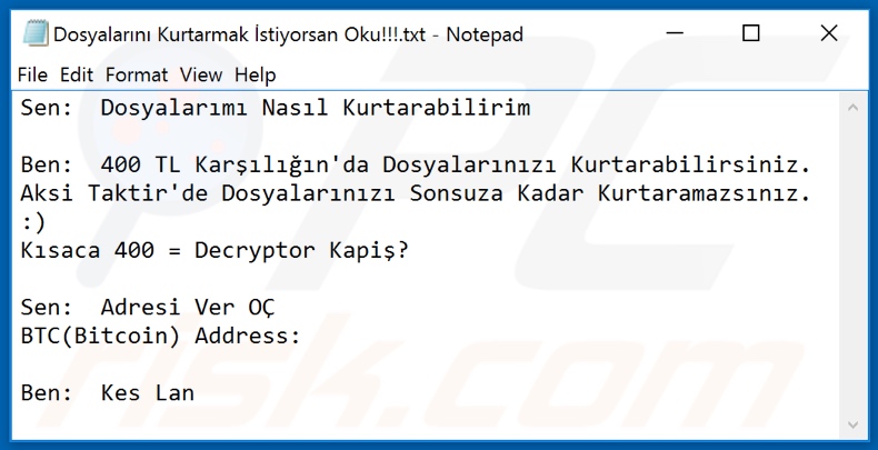 KesLan decrypt instructions (Dosyalarını Kurtarmak İstiyorsan Oku!!!.txt)