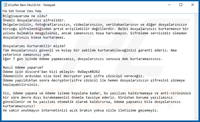 KesLan second variant ransom note (@Lütfen Beni Oku!@.txt)
