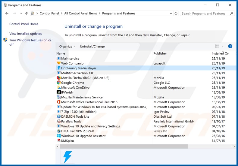 Lightening Media Player adware uninstall via Control Panel