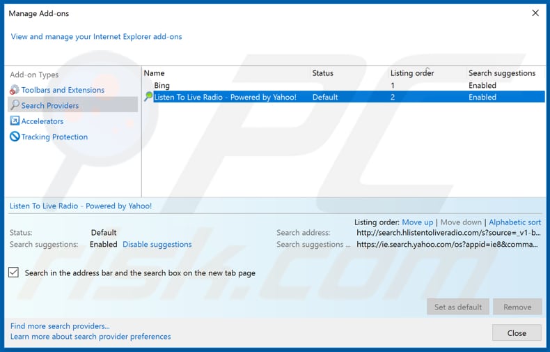 Removing search.hlistentoliveradio.com from Internet Explorer default search engine