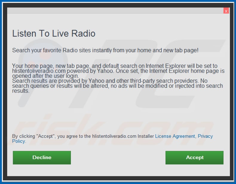 Official Listen To Live Radio browser hijacker installation setup