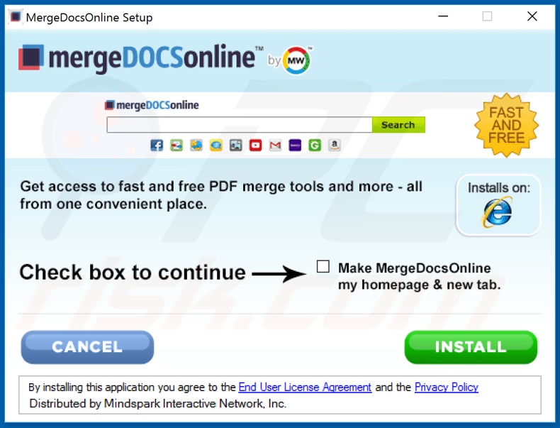 Official MergeDocsOnline browser hijacker installation setup