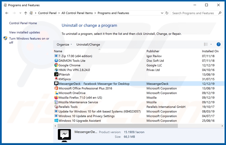 MessengerDeck adware uninstall via Control Panel