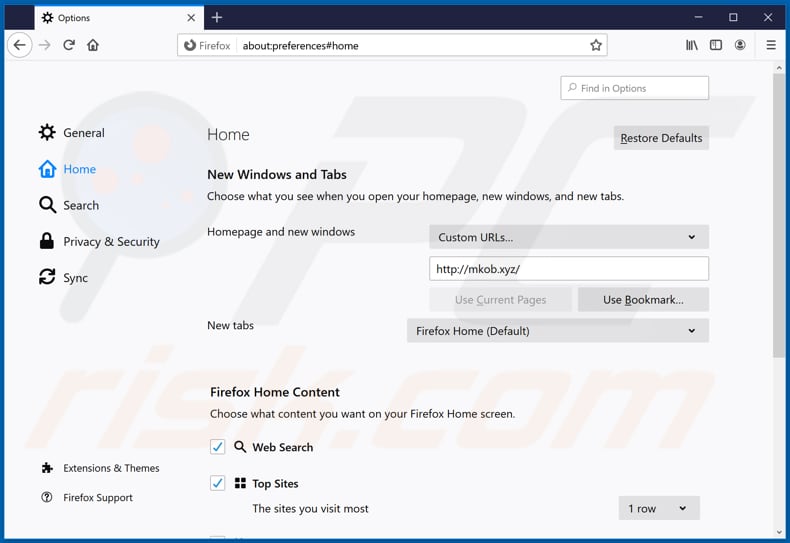 Removing mkob.xyz from Mozilla Firefox homepage