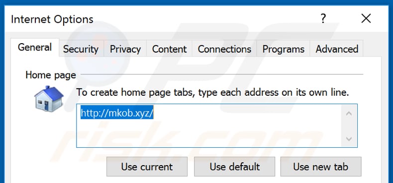 Removing mkob.xyz from Internet Explorer homepage