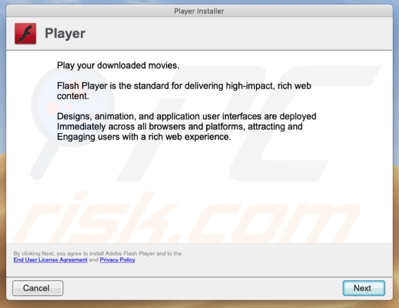  fake installer of Adobe Flash Player that gets downloaded from mob1ledev1ces.com