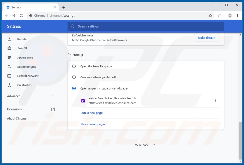 Removing feed.mytelevisiononline.com from Google Chrome homepage