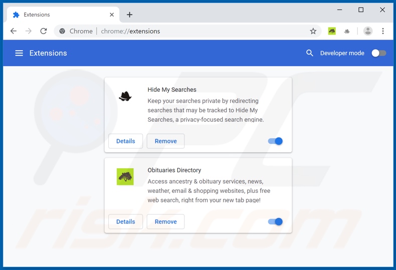 Removing search.obituariesdirectorytab.com related Google Chrome extensions