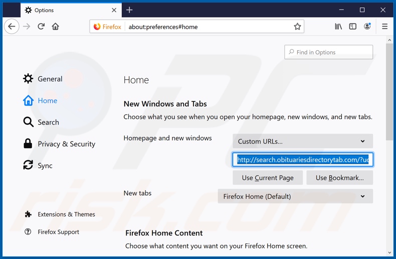 Removing search.obituariesdirectorytab.com from Mozilla Firefox homepage