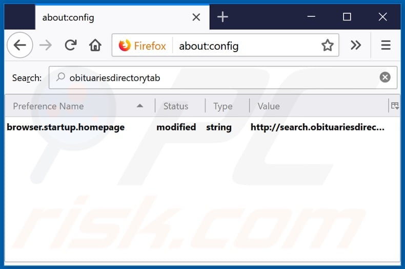 Removing search.obituariesdirectorytab.com from Mozilla Firefox default search engine