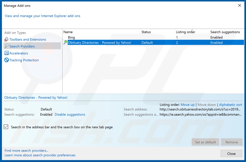 Removing search.obituariesdirectorytab.com from Internet Explorer default search engine