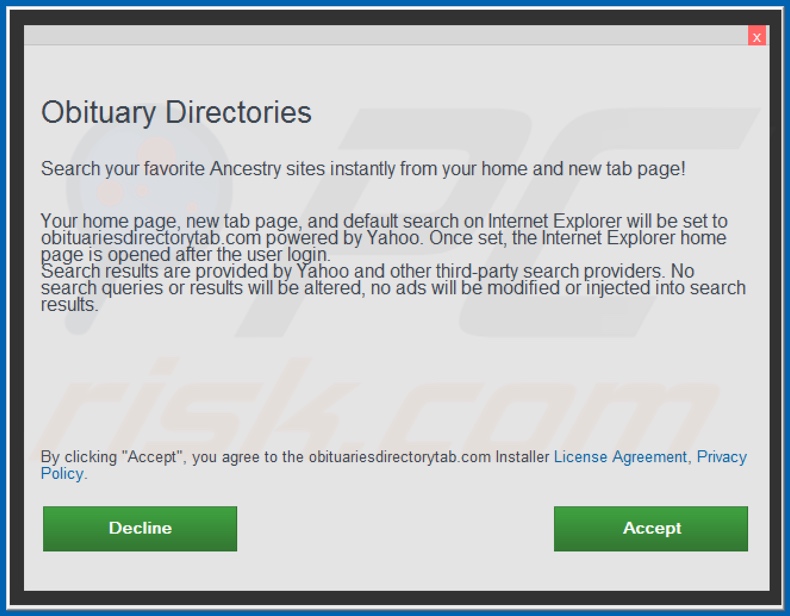 Official Obituary Directories browser hijacker installation setup