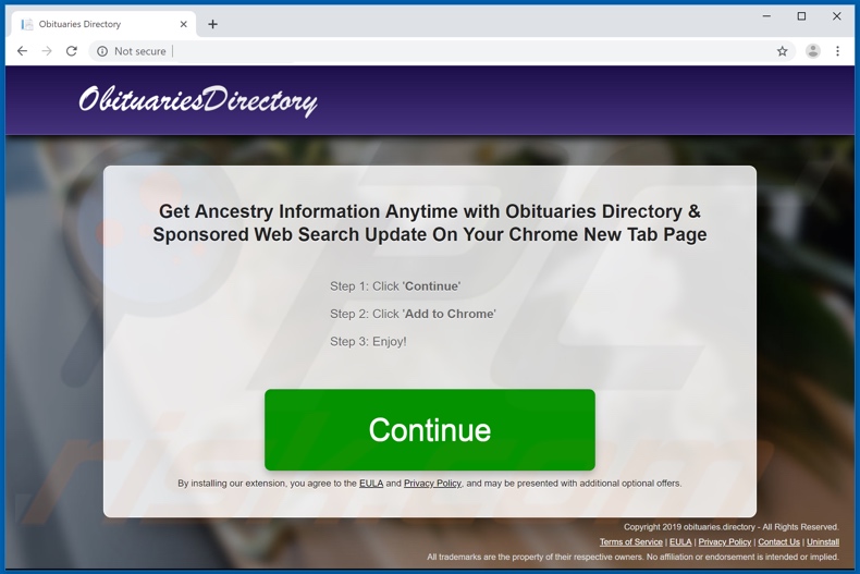 Website used to promote Obituary Directories browser hijacker