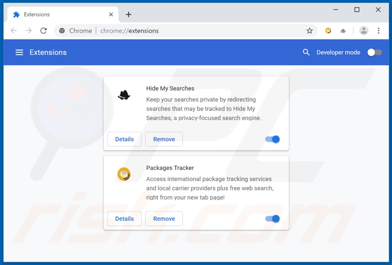 Removing search.packagestrackertab.com related Google Chrome extensions