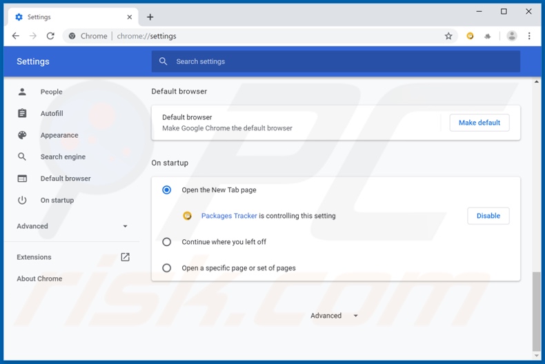 Removing search.packagestrackertab.com from Google Chrome homepage