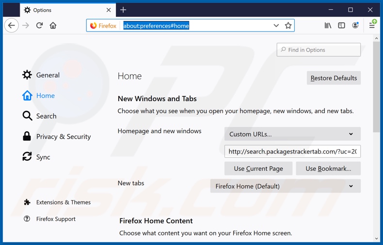 Removing search.packagestrackertab.com from Mozilla Firefox homepage