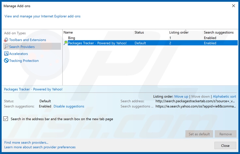 Removing search.packagestrackertab.com from Internet Explorer default search engine