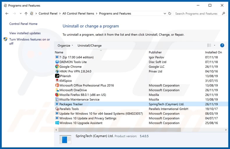 search.packagestrackertab.com browser hijacker uninstall via Control Panel