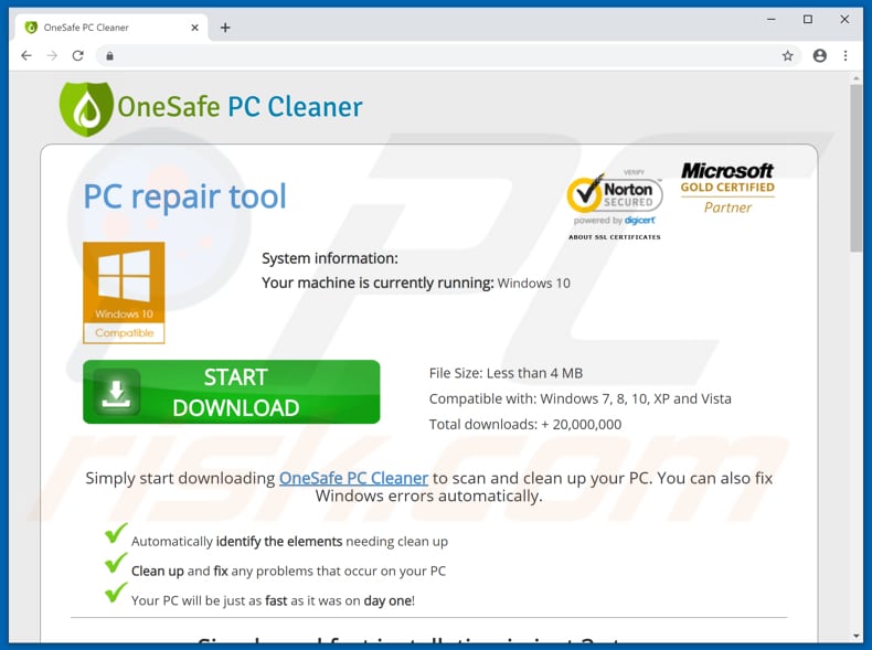 OneSafe PC Cleaner download page