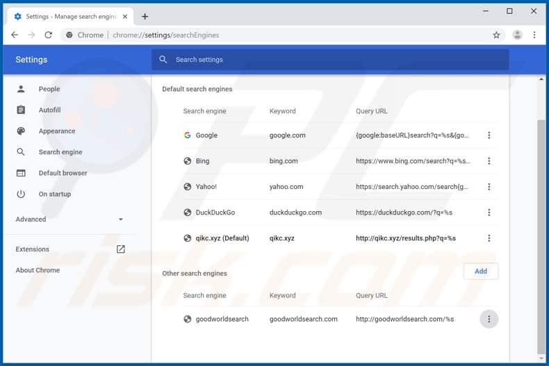 Removing qikc.xyz from Google Chrome default search engine