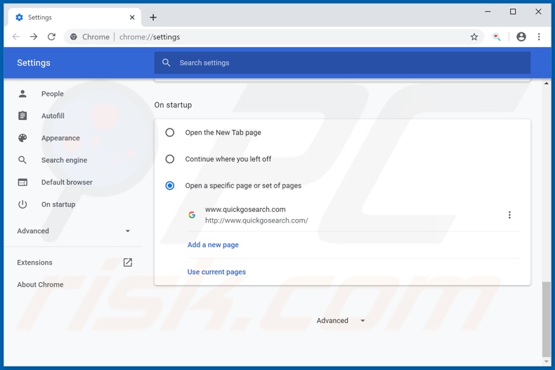 Removing quickgosearch.com from Google Chrome homepage
