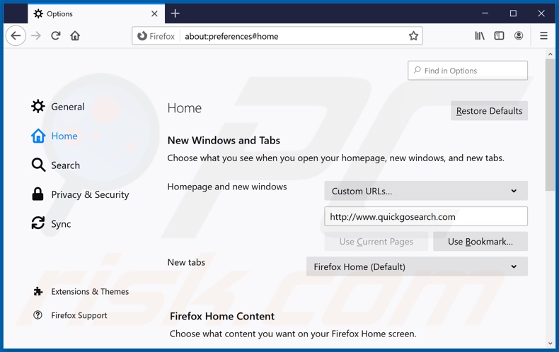 Removing quickgosearch.com from Mozilla Firefox homepage