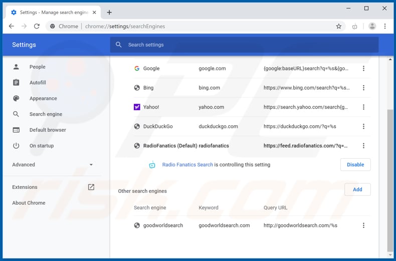 Removing feed.radiofanatics.com from Google Chrome default search engine