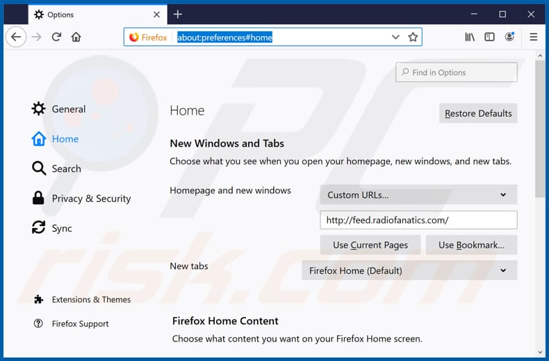 Removing feed.radiofanatics.com from Mozilla Firefox homepage
