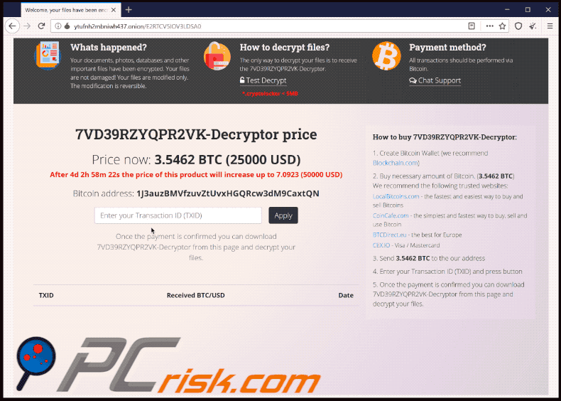 Appearance of Rapid (.cryptolocker) ransomware Tor website in gif image