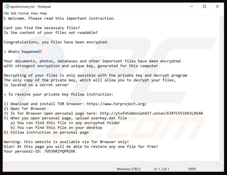 Rapid (.cryptolocker) ransomware text file (!DECRYPT_FILES.txt and rapidrecovery.txt)