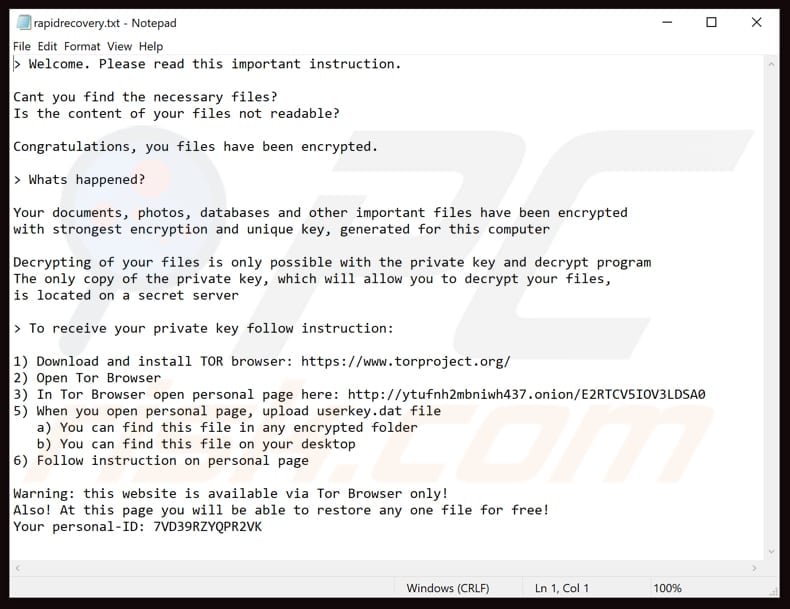 Rapid (.cryptolocker) ransomware text file (!DECRYPT_FILES.txt and rapidrecovery.txt)