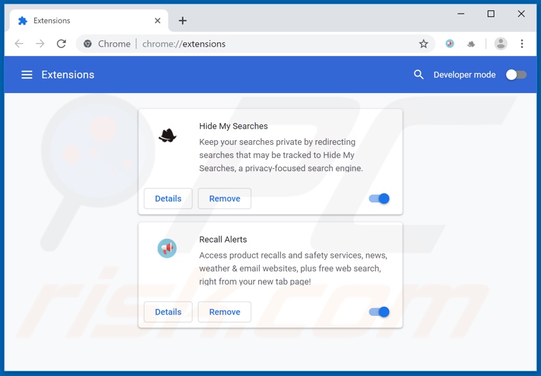 Removing search.recallalertstab.com related Google Chrome extensions