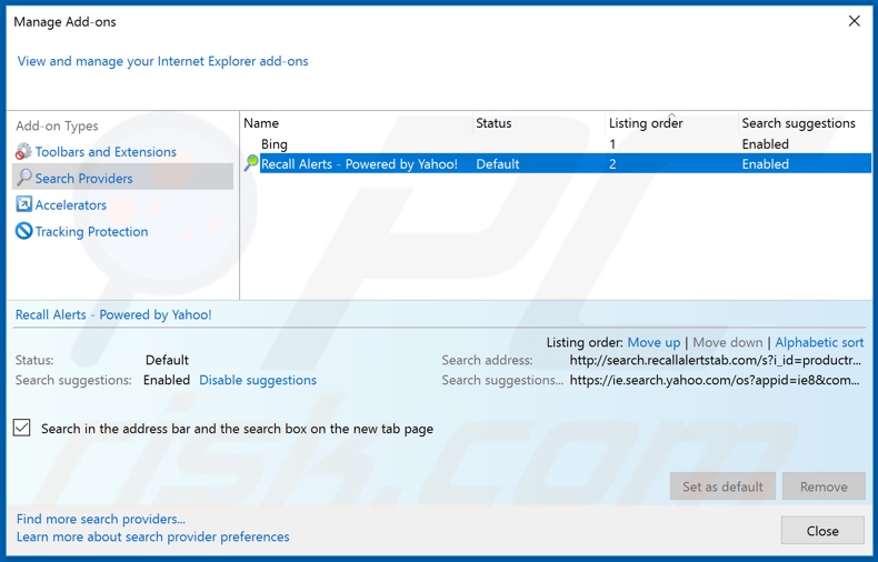 Removing search.recallalertstab.com from Internet Explorer default search engine