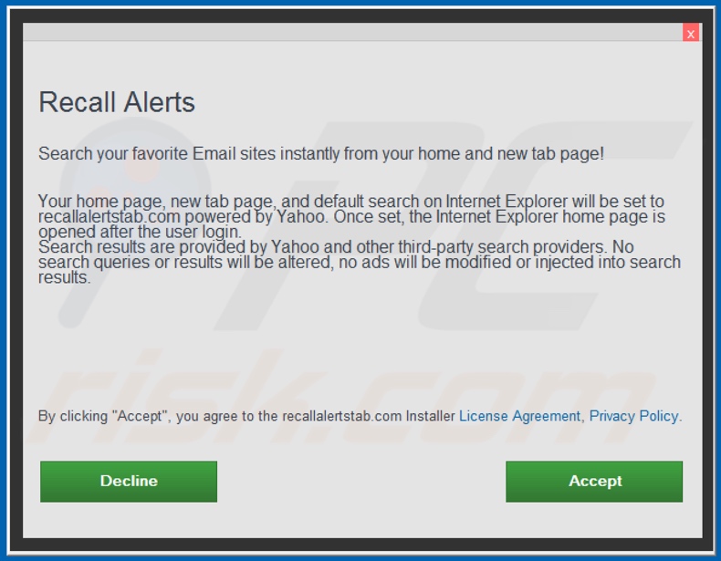 Official Recall Alerts browser hijacker installation setup