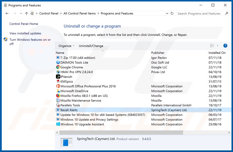 search.recallalertstab.com browser hijacker uninstall via Control Panel