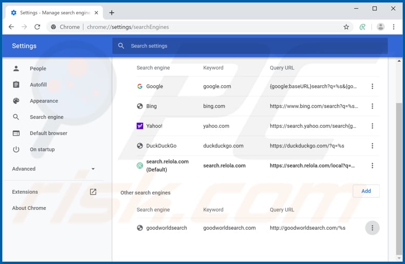 Removing search.relola.com from Google Chrome default search engine