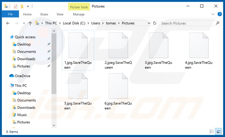 Files encrypted by SaveTheQueen ransomware (.SaveTheQueen extension)
