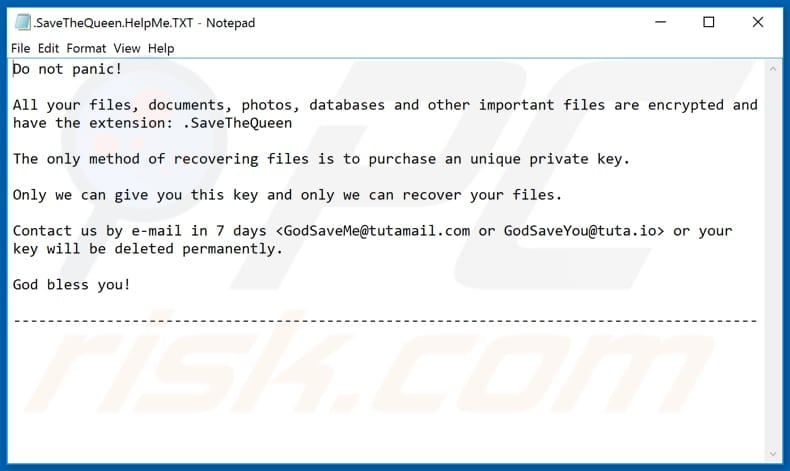 SaveTheQueen ransomware ransom note (.SaveTheQueen.HelpMe.TXT)