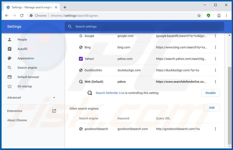 Removing searchdefenderlive.com from Google Chrome default search engine