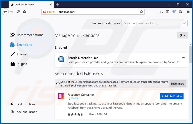 Removing searchdefenderlive.com related Mozilla Firefox extensions