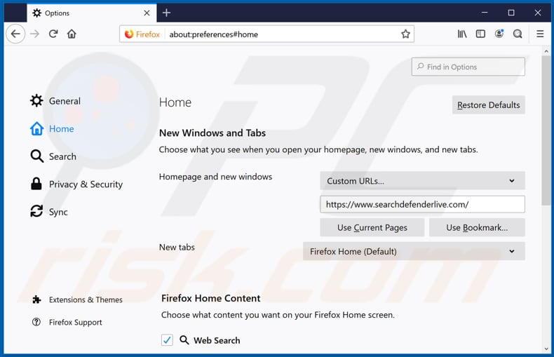 Removing searchdefenderlive.com from Mozilla Firefox homepage