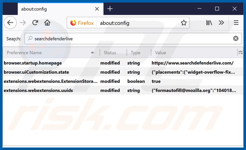 Removing searchdefenderlive.com from Mozilla Firefox default search engine