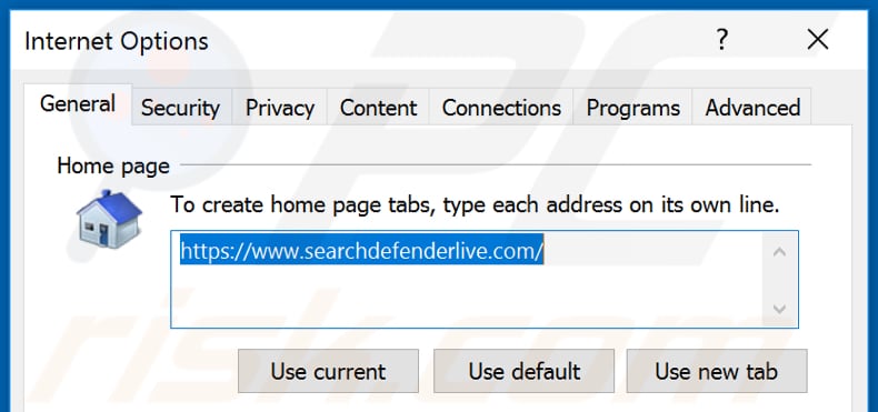 Removing searchdefenderlive.com from Internet Explorer homepage