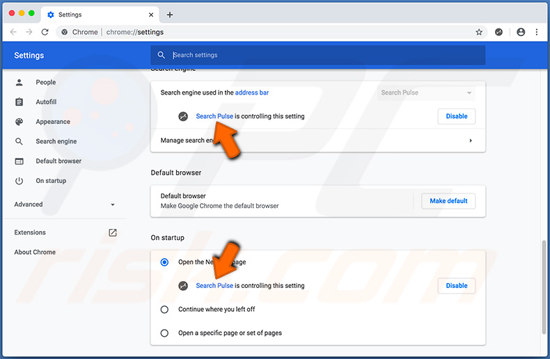 Search Pulse controlling new tab URL and default search engine settings